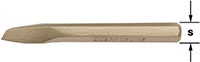 A flat bronze chisel with a slanted cutting edge on one end, and a blunt tapered back end. The chisel has engraved text on its shaft. Shown on a white background with a labeled measurement "S" indicating the bar diameter..